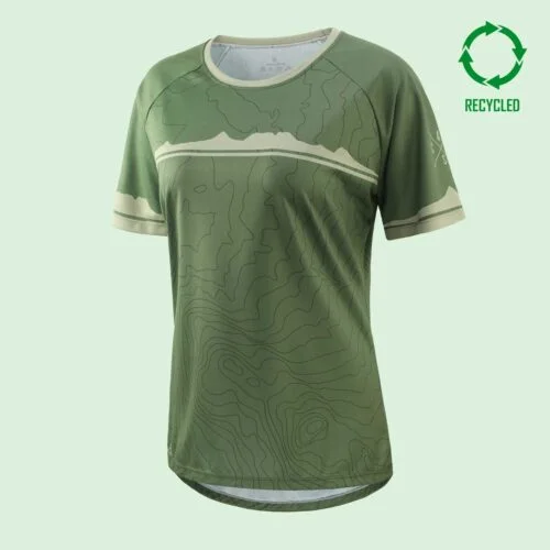 Front view of a women's olive green, short sleeved mountain bike t shirt with a circular "recycled" logo in upper right corner of image
