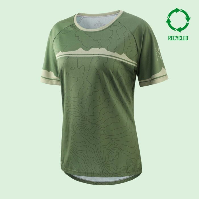 Front view of a women's olive green, short sleeved mountain bike t shirt with a circular "recycled" logo in upper right corner of image
