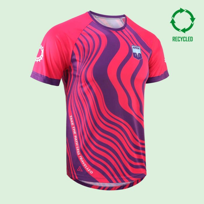 Front view of a short sleeved mountain bike t shirt with a club logo on the chest and a circule "recycled" logo in the top right of the image