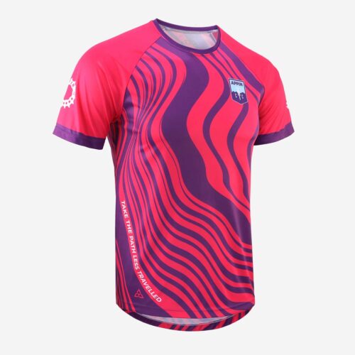 Front view of a short sleeved cycling top with pink and purple swirl design and small bage logo on chest