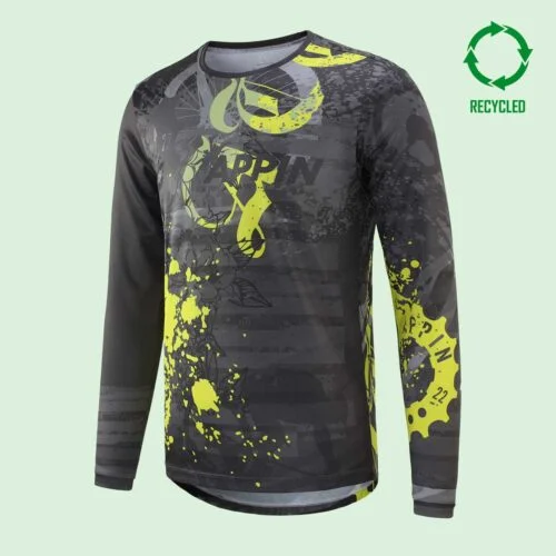 Frton view of grey, black and bright yellow patterned mountain bike top with circular "recycled" logo in top right corner of image