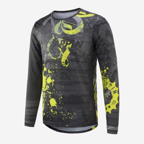 Front view of a grey and black, long-sleeved mountain bike T shirt with yellow pattern