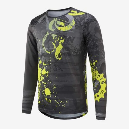 Front view of a grey and black, long-sleeved mountain bike T shirt with yellow pattern