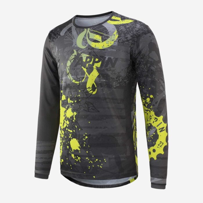 Front view of a grey and black, long-sleeved mountain bike T shirt with yellow pattern