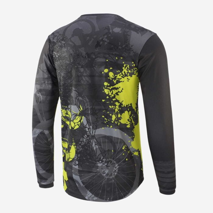 Back shot of a grey and black long-sleeved mountain bike top with yellow pattern