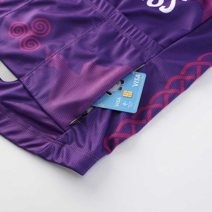 Close up of a zippered pocket on the back of a purple cycling jersey