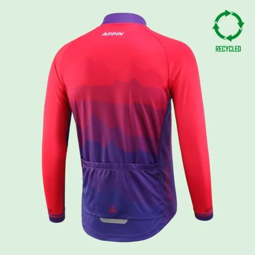 Back view of a long sleeved cycle jersey with a pink and purple pattern with a circular "recycled" logo