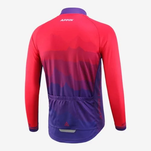 Back view of a pink and purple, long sleeved cycling jersey with 3 pouch pockets on lower back