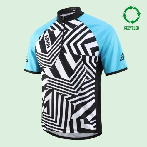 Front view of a black and white short sleeved cycling jersey with bright blue sleeves, and a circular "recycled" logo