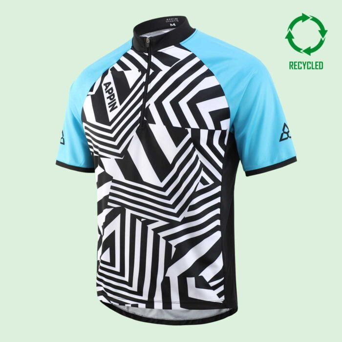 Front view of a black and white short sleeved cycling jersey with bright blue sleeves, and a circular "recycled" logo