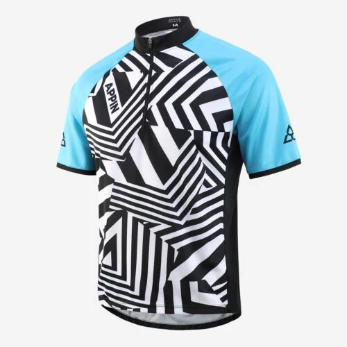 Front view of a black and white patterned, short sleeve cycling jersey