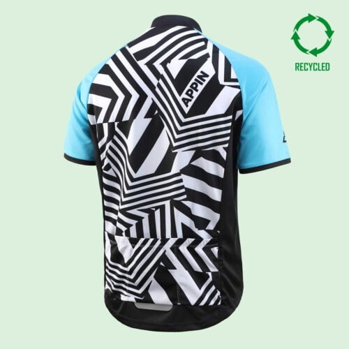 Back view of a short sleeved, black and white cycling top with bright blue sleeves and a circular logo that reads "recycled" in top right hand corner