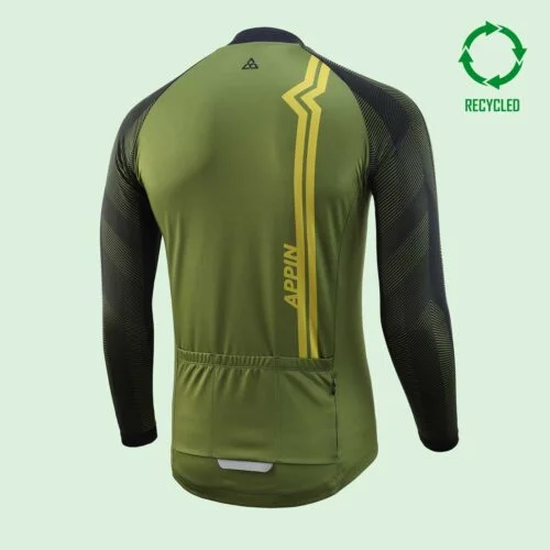 Back view of a long sleeved, olive green cycling jersey with two yellow stripes - and a cicular "recycled" logo in top right corner