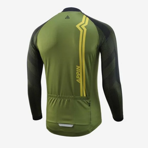 Rear view of long sleeved cycle jersey with vertical stripe design