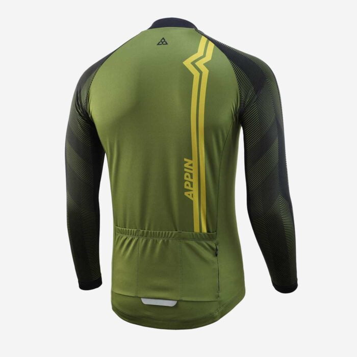 Rear view of long sleeved cycle jersey with vertical stripe design