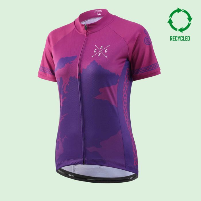 Front view of a purple, short sleeved cycling jersey with cross design on the chest, and circular "recycled" logo