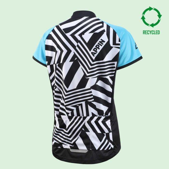 Back view of a women's short sleeve cycle top with black and white pattern, bright blue sleeves and a circular "recycled" logo in the top right hand corner