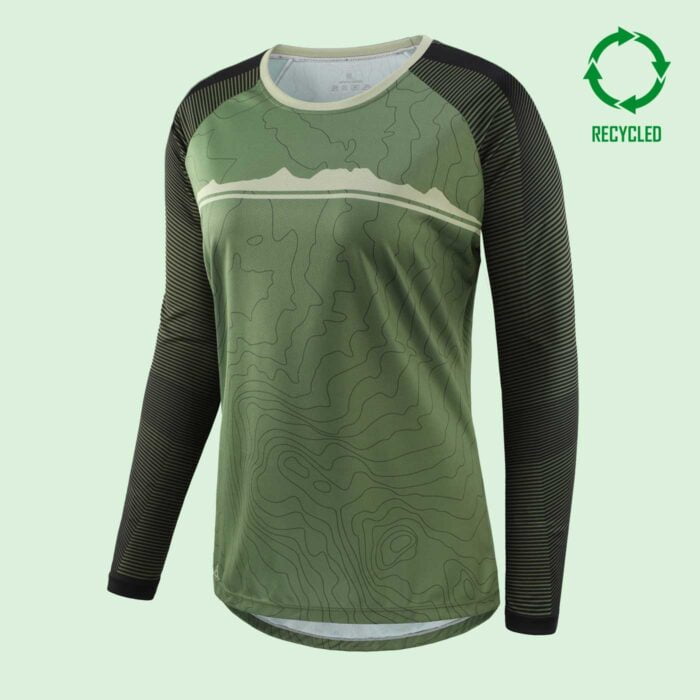 Front view of olive green mountain bike top with circular "recycled" logo in top right corner of image