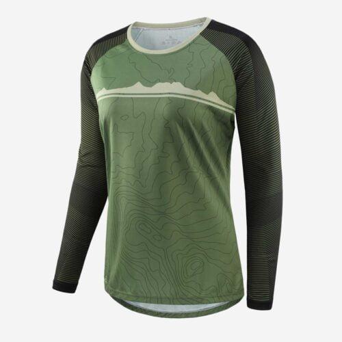 Front view of women's long-sleeved mountain bike T Shirt with green and black pattern