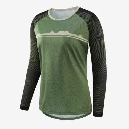 Front view of women's long-sleeved mountain bike T Shirt with green and black pattern