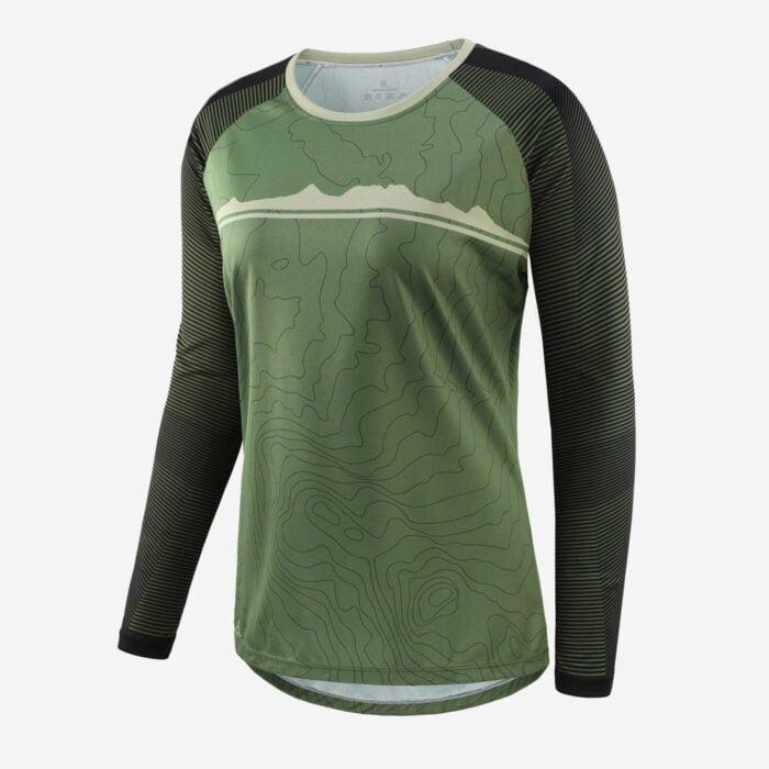 Front view of women's long-sleeved mountain bike T Shirt with green and black pattern
