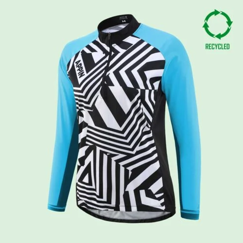Front view of a long-sleeved black and white cycling jersey with blue sleeves and a circular "recycled" logo