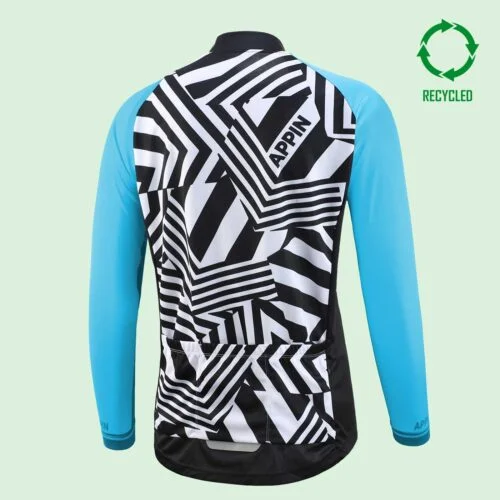 Back view of a long sleeved cycling jersey with a black and white pattern and bright blue sleeves, with circular "recycled" logo