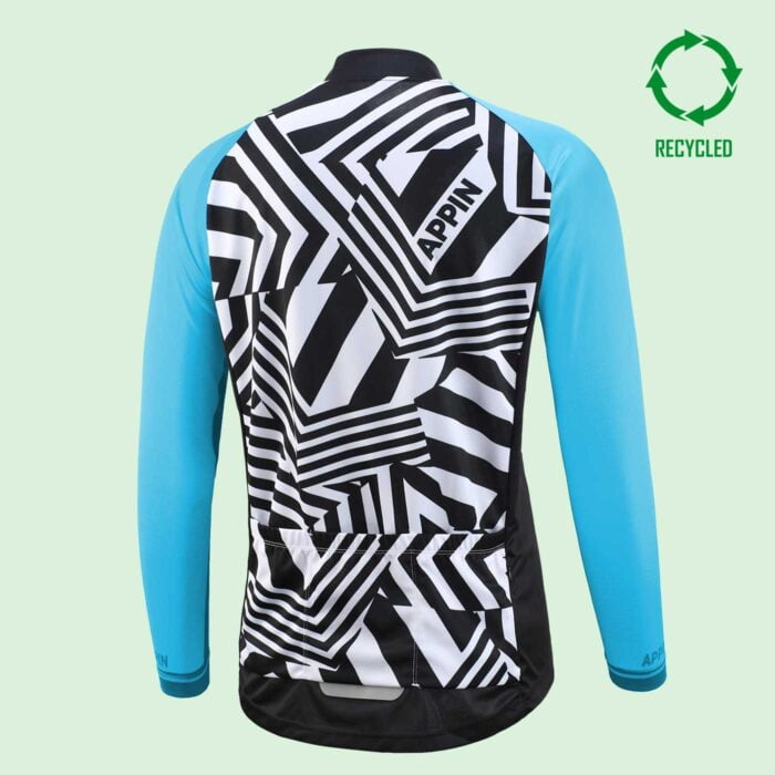 Back view of a long sleeved cycling jersey with a black and white pattern and bright blue sleeves, with circular "recycled" logo