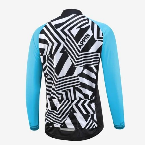 Rear view of a women's cycling jersey with black and white pattern and long sleeves
